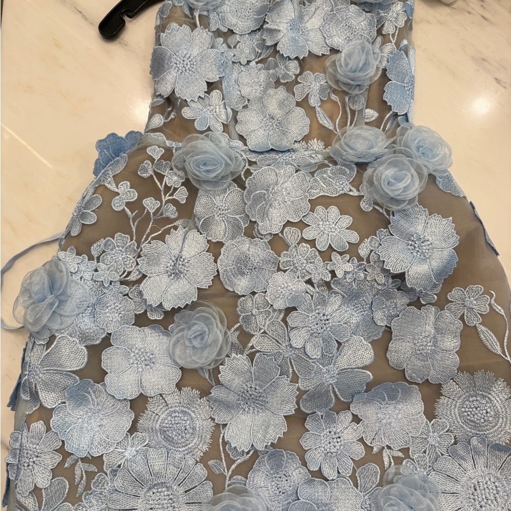 Bronx and Banco Floral Lace Dress with Blue Embroidery